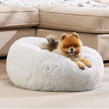 Bedsure Calming Dog Bed for Small Dogs - Donut Washable Small Pet Bed, 23 inches Anti-Slip Round Fluffy Plush Faux Fur Large Cat Bed, Fits up to 25 lbs Pets, Frost Grey