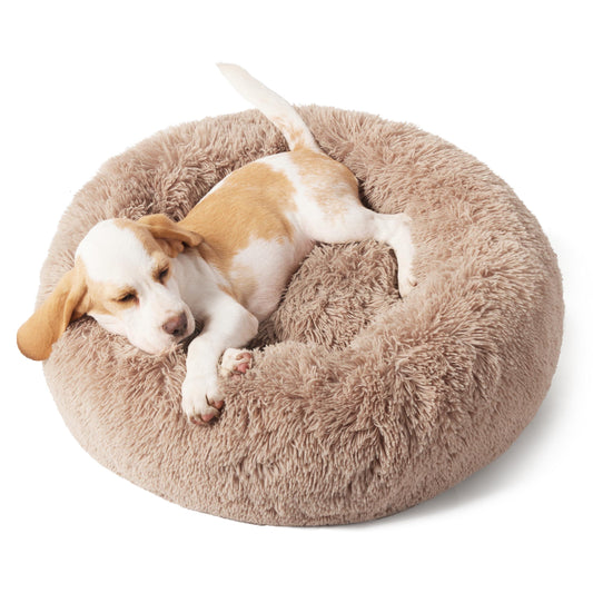 Bedsure Calming Dog Bed for Small Dogs - Donut Washable Small Pet Bed, 23 inches Anti-Slip Round Fluffy Plush Faux Fur Large Cat Bed, Fits up to 25 lbs Pets, Camel