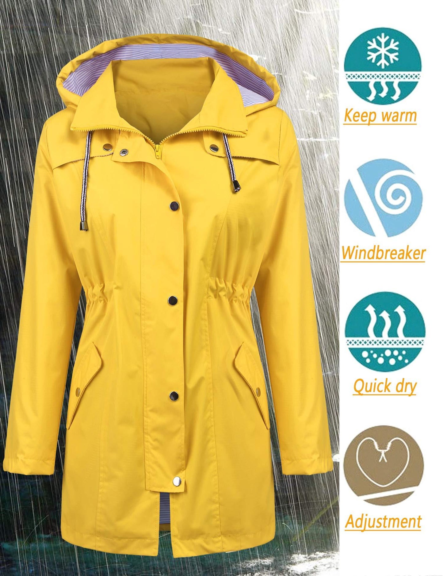 LOMON Raincoat for Women Travel Raincoat Women Hoody Spring Water Resistant waterproof shell All Weather Rain Coat Yellow S