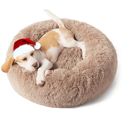 Bedsure Calming Dog Bed for Small Dogs - Donut Washable Small Pet Bed, 23 inches Anti-Slip Round Fluffy Plush Faux Fur Large Cat Bed, Fits up to 25 lbs Pets, Camel