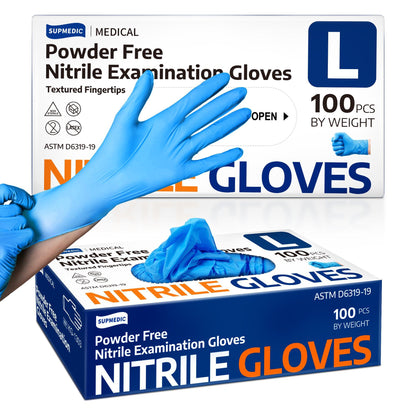 Supmedic Nitrile Exam Glove, 3.5 mil Disposable Medical Gloves Powder-Free Latex-Free, Box of 100 pcs (Blue) (Large)