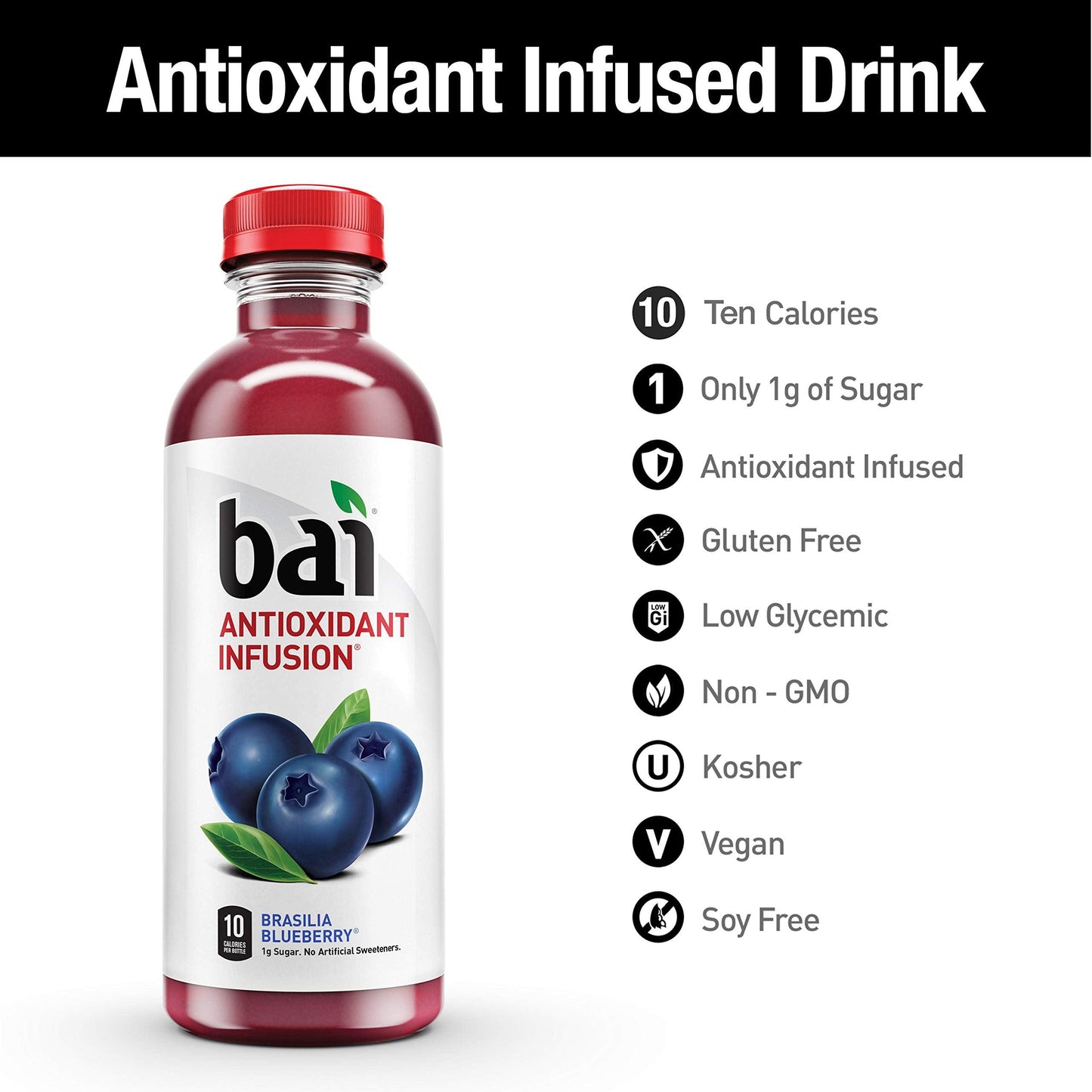 Bai Flavored Water, Brasilia Blueberry, Antioxidant Infused Drinks, 18 Fluid Ounce Bottle (Pack of 12)