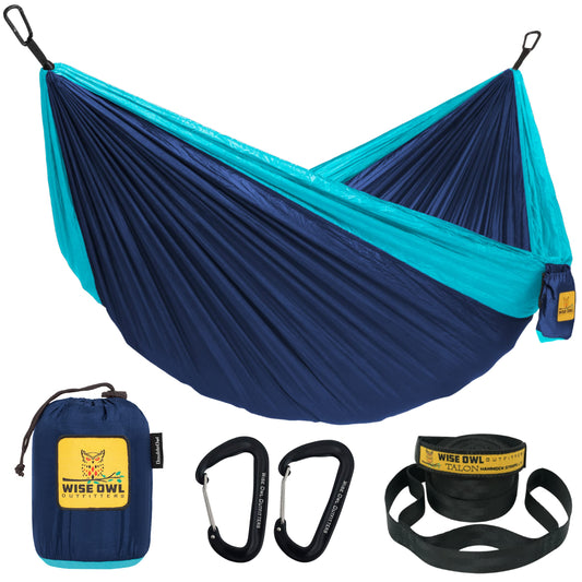 Wise Owl Outfitters Camping Hammock - Camping Essentials, Portable Hammock w/Tree Straps Up to 400lbs, Hammock for Outside, Hiking, and Travel - Single, Navy and Light Blue