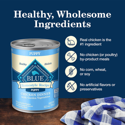 Blue Buffalo Homestyle Recipe Puppy Wet Dog Food, Made with Natural Ingredients, Chicken Dinner with Garden Vegetables & Brown Rice, 12.5-oz. Cans (12 Count)