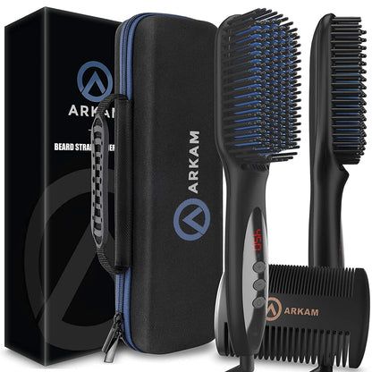 Arkam Beard Straightener for Men -Premium Heated Beard Brush Kit w/Anti-Scald Feature, Dual Action Hair Comb and Hard Shell Travel Case for Medium to Long Beards - Costume and Grooming Gifts for Men