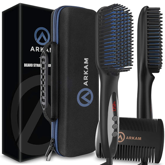 Arkam Beard Straightener for Men -Premium Heated Beard Brush Kit w/Anti-Scald Feature, Dual Action Hair Comb and Hard Shell Travel Case for Medium to Long Beards - Costume and Grooming Gifts for Men