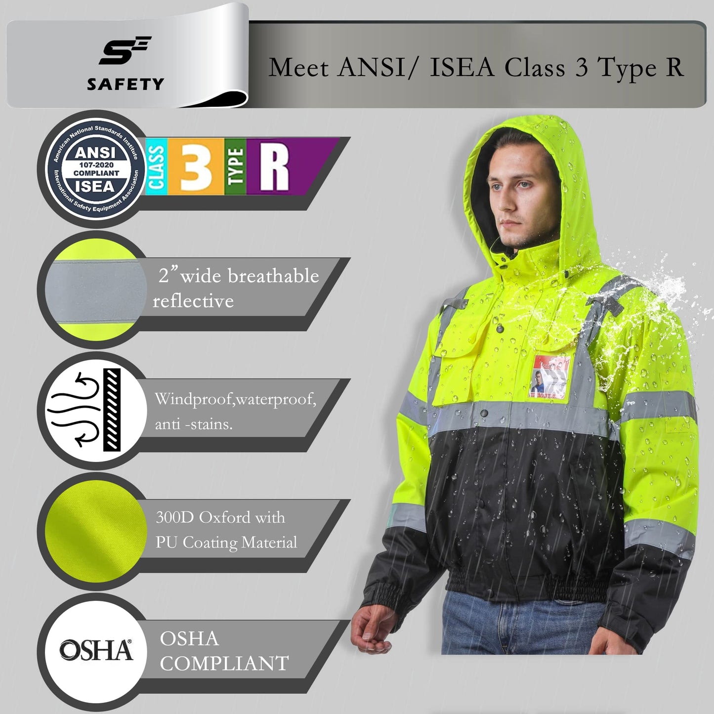 Mens High Visibility Jacket Waterproof with Hood, Reflective Hi Vis Winter Jacket, Safety Work Yellow Jackets for Men