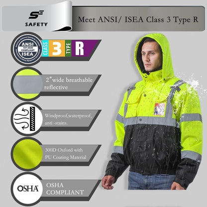 Mens High Visibility Jacket Waterproof with Hood, Reflective Hi Vis Winter Jacket, Safety Work Yellow Jackets for Men