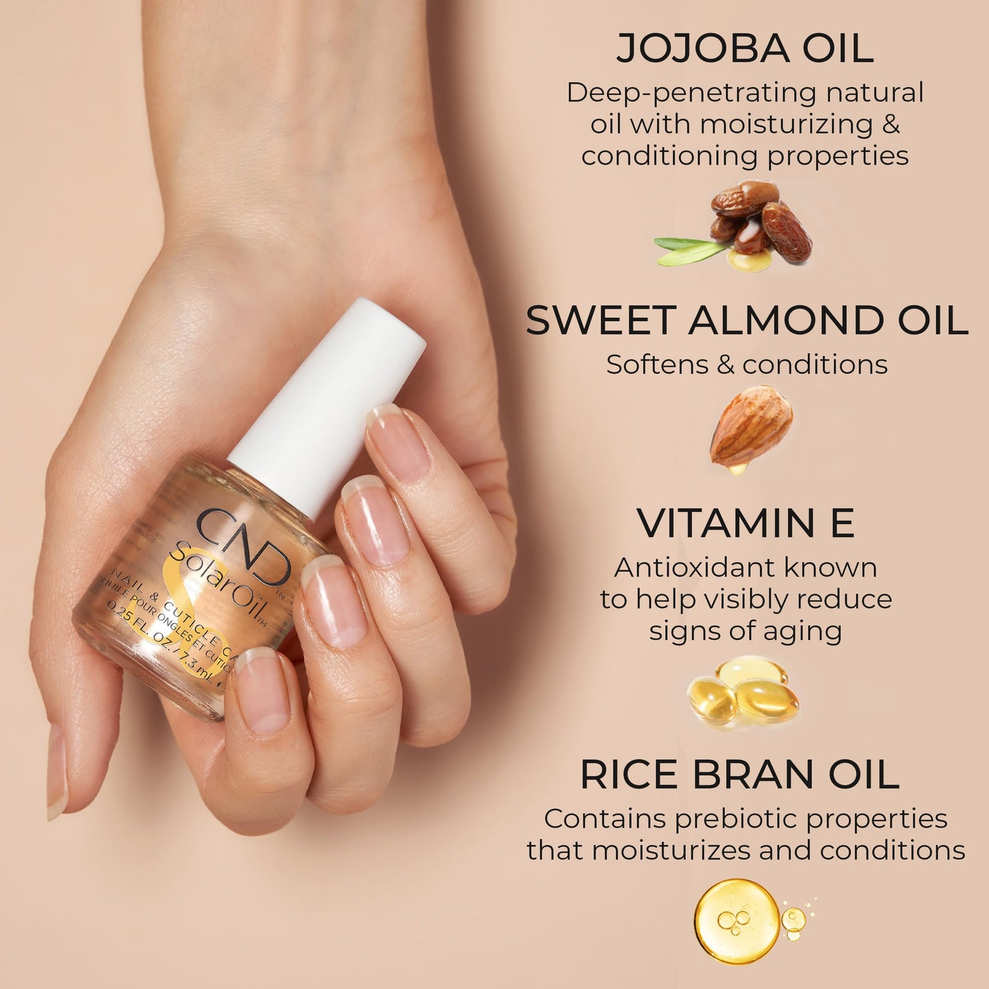 CND SolarOil Cuticle Oil, Natural Blend Of Jojoba, Vitamin E, Rice Bran and Sweet Almond Oils, Moisturizes and Conditions Skin, Pack Of 1, 0.25 Fl Oz