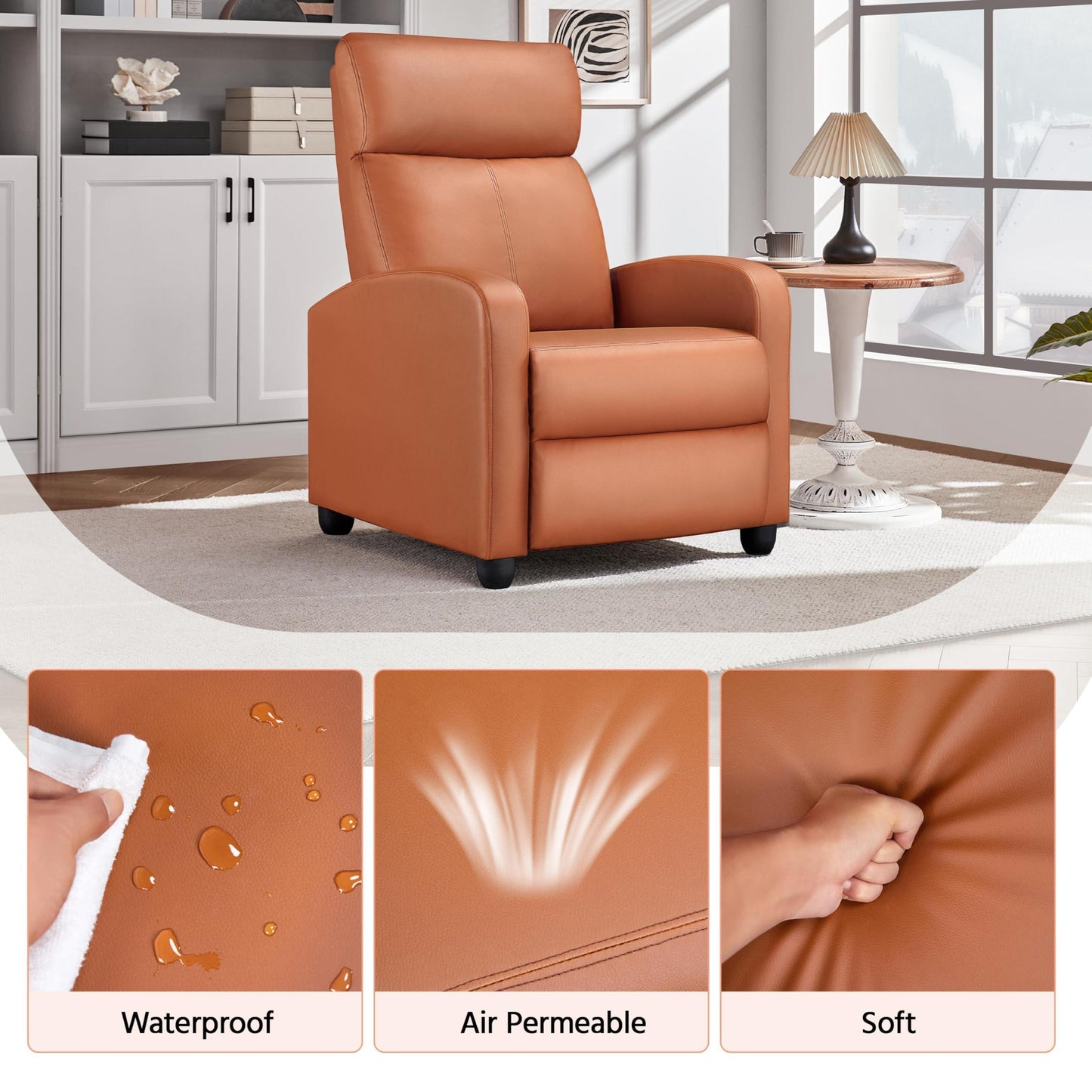 Yaheetech Recliner Chair PU Leather Recliner Sofa Home Theater Seating with Lumbar Support Overstuffed High-Density Sponge Push Tan Recliners