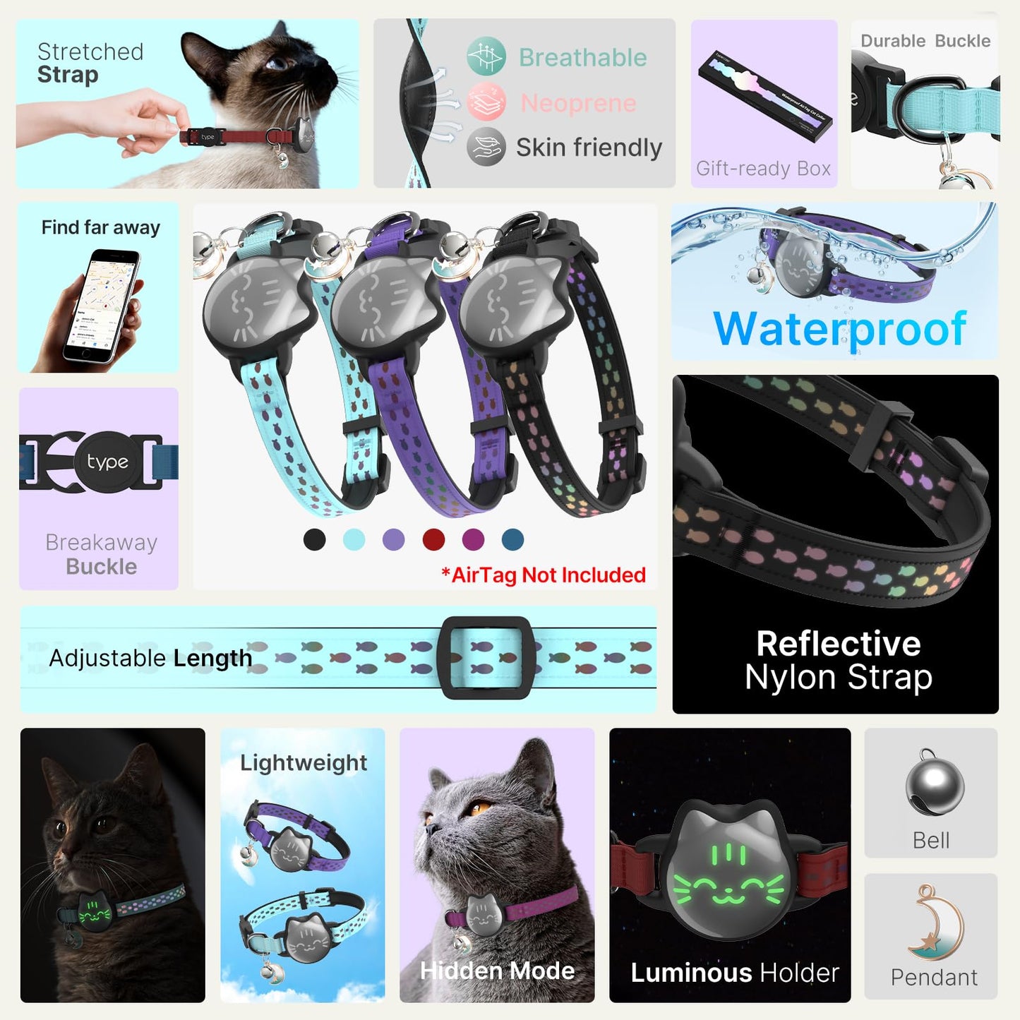 Waterproof Airtag Cat Collar, Breakaway Cat Airtag Collar with Luminous & Reflective Fish Pattern, Lightweight Kitten Collar for Apple Air tag, Hidden GPS Tracker Holder for Cats, Kittens(9-13")