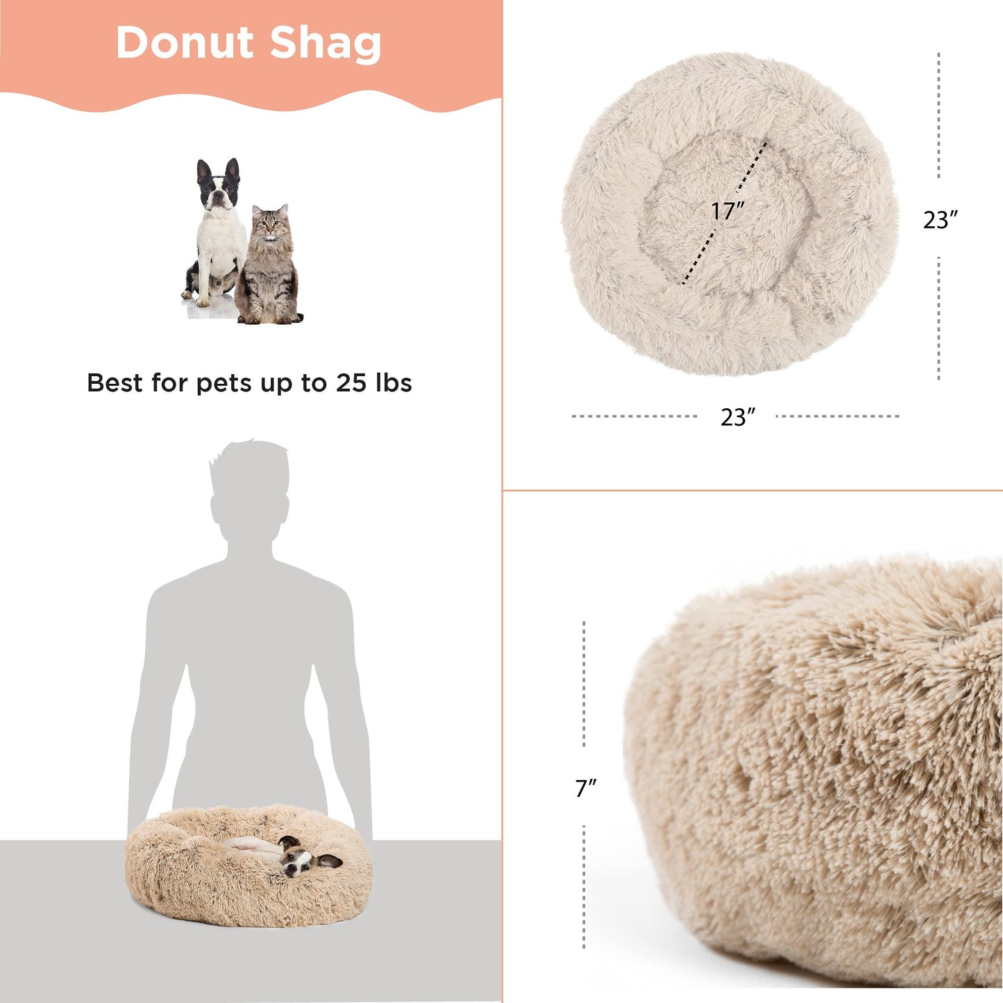 Best Friends by Sheri The Original Calming Donut Dog and Cat Bed in Shag Fur, Taupe, Small, 23x23