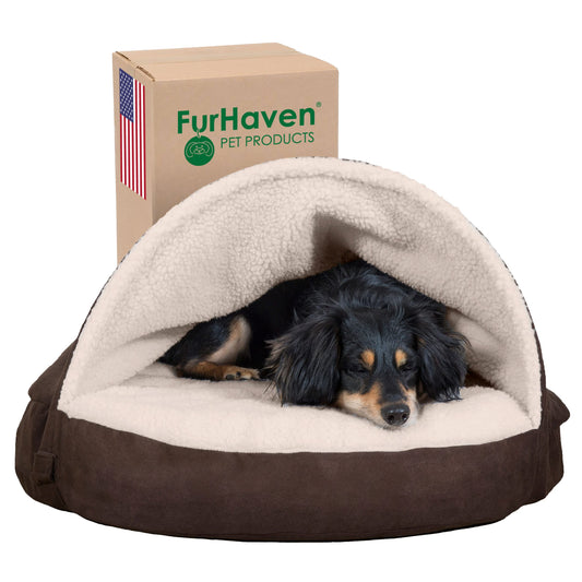 Furhaven 26" Round Cooling Gel Dog Bed for Medium/Small Dogs w/ Removable Washable Cover, For Dogs Up to 30 lbs - Sherpa & Suede Snuggery - Espresso, 26-inch