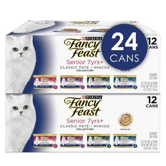 Purina Fancy Feast High Protein Senior Wet Cat Food Variety Pack, Senior 7+ Chicken, Beef & Tuna Feasts - (2 Packs of 12) 3 oz. Cans