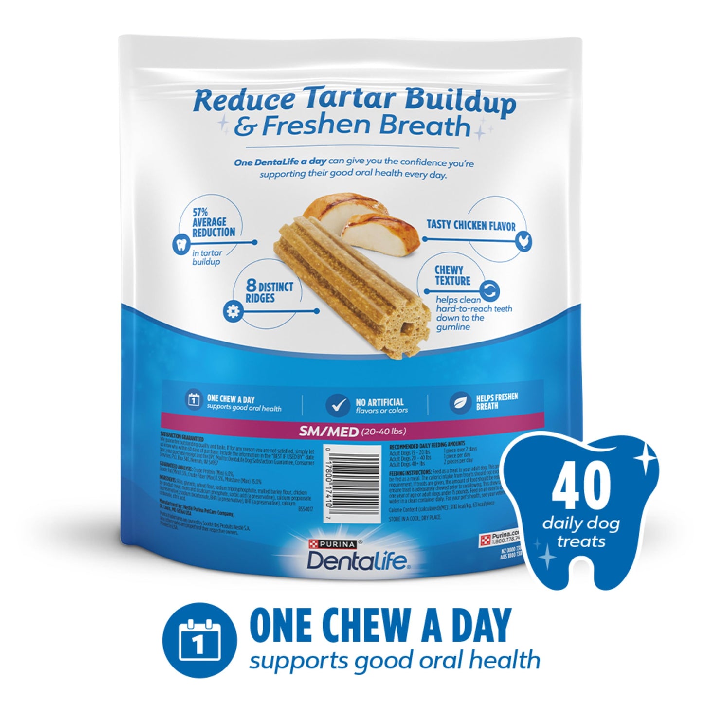 DentaLife Daily Oral Care Dog Treats for Small and Medium Dogs, Chewy Dental Treat to Freshen Breath and Fight Tartar, Chicken Flavor, 28.5 oz., 40 Chews - 40 ct. Pouch