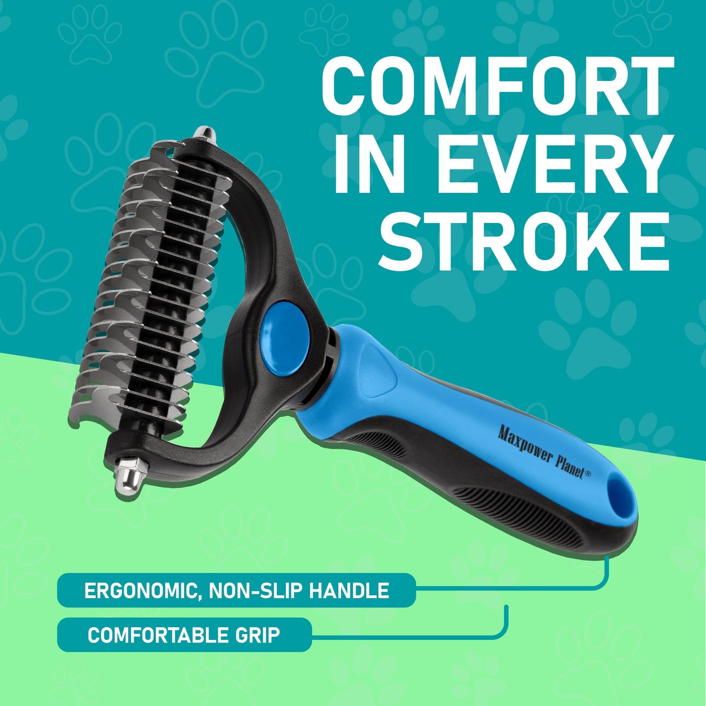 Maxpower Planet Pet Grooming Rake - Double-Sided Dematting Undercoat Brush for Dogs and Cats, Extra Wide, Reduces Shedding by 95%, Blue