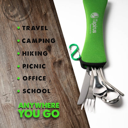 Tapirus Camp Utensils To Go | 6-piece Portable Set | Durable Stainless Steel | Light Weight Silverware With Waterproof Carrying Case | Ideal Equipment For Your Meal On The Go | Carabiner Included