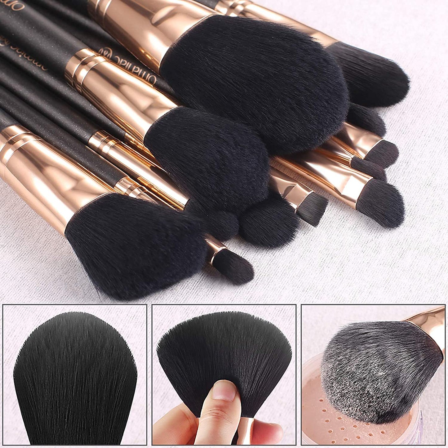 OMANIAC Makeup Brush Set Professional, 12 Pearlescent Wood Handle Makeup Brushes, Premium Cruelty-Free Synthetic Fiber Hair, Travel Make up Brushes Set with Case (Black).