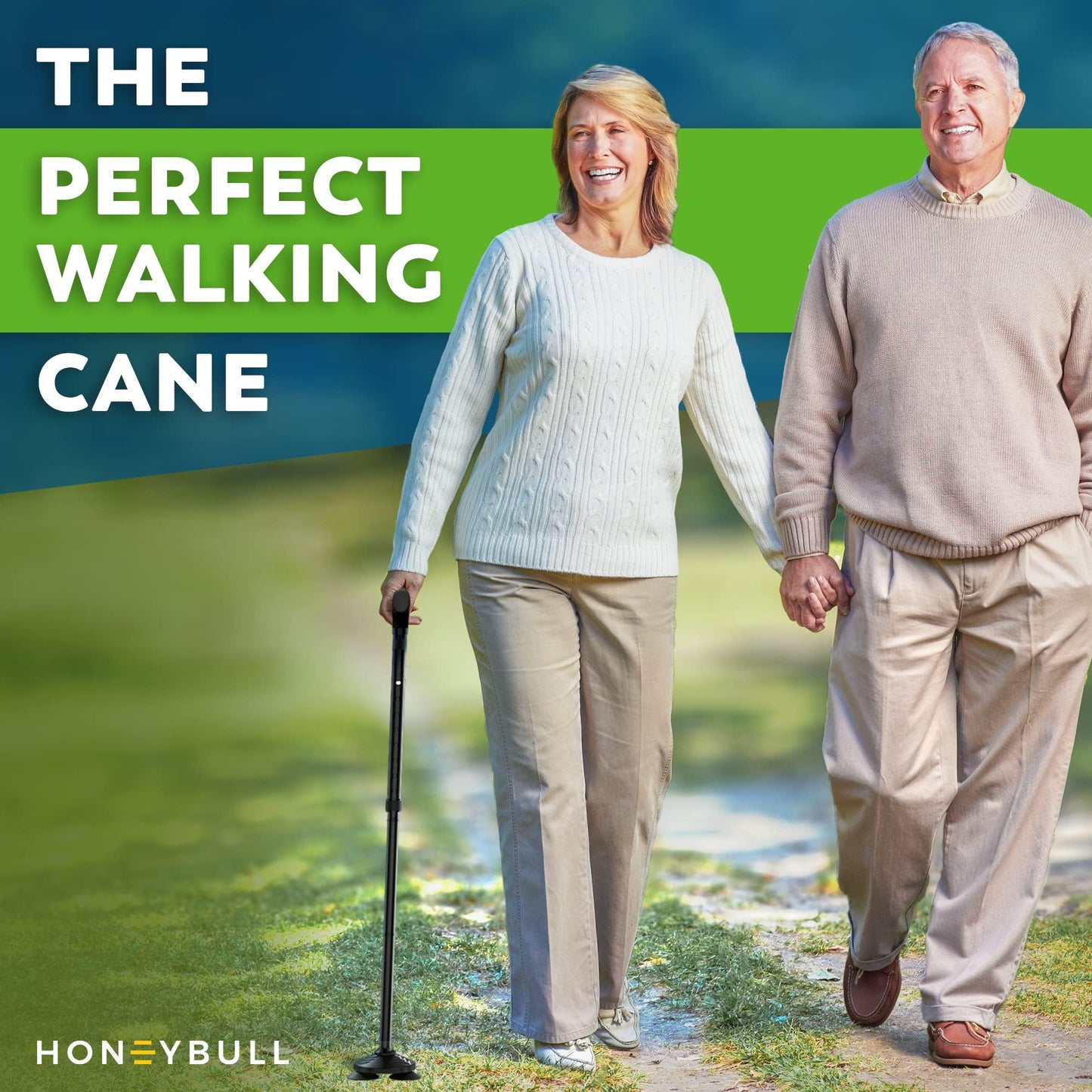 HONEYBULL Walking Cane for Men & Women - Foldable, Adjustable, Collapsible, Free Standing Cane, Pivot Tip, Heavy Duty | Walking Sticks, Folding Canes for Seniors & Adults [Black]