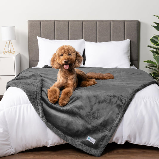 PetAmi Waterproof Dog Blanket for Bed, XL Dog Pet Blanket Couch Cover Protector, Sherpa Fleece Leakproof Blanket for Crate Kennel Sofa Furniture Queen Bed Protection Reversible Soft 90x90 Grey Grey