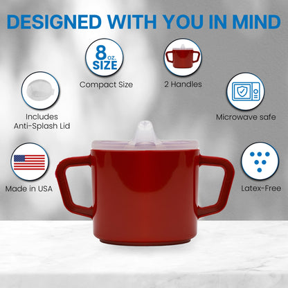 Providence Spillproof Compact 8oz Adult Sippy Cup with 2 Handles - Sip Cups for Adults for Limited Mobility - Handicapped Accessories - Handicap Cups for Elderly Care - Made in the USA - Red - 3