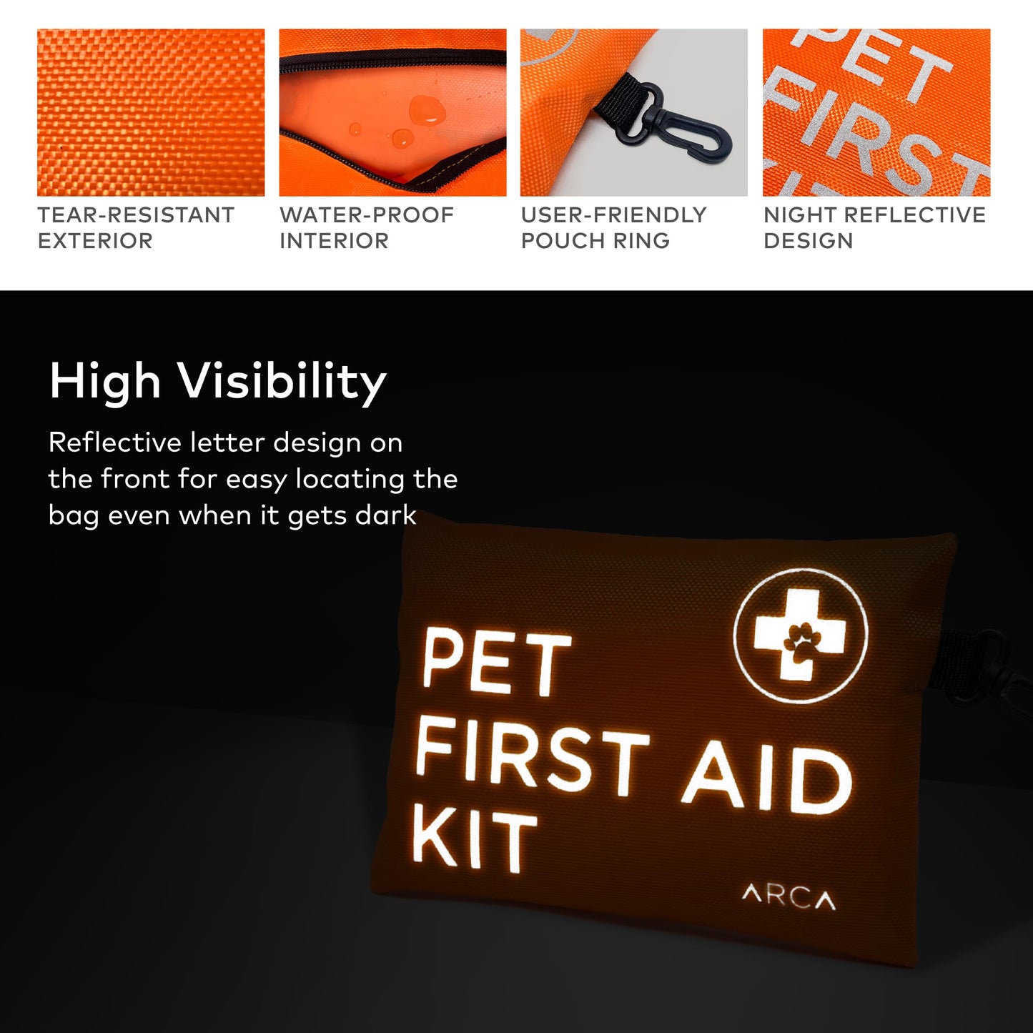 ARCA PET Dog First Aid Kit - Pet Emergency Kit Dog Travel kit for - Water Resistant High Visibility Reflective First Aid Pouch Dog Camping Essentials for Pets for Hiking, Backpacking, Sports, Hunting