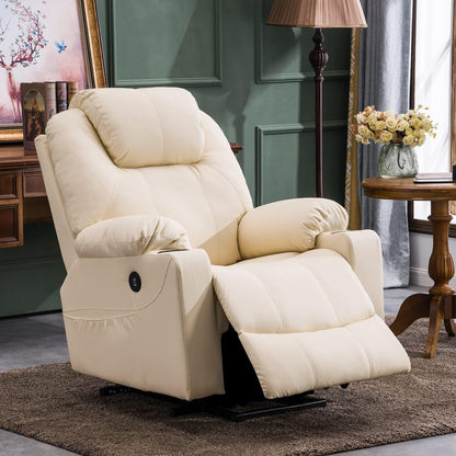 MCombo Electric Power Lift Recliner Chair Sofa with Massage and Heat for Elderly, 3 Positions, 2 Side Pockets, and Cup Holders, USB Ports, Faux Leather 7040 (Cream White, Medium)