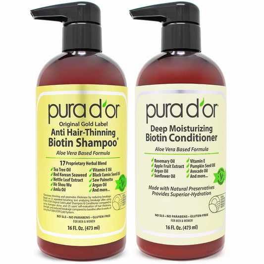 PURA D'OR Anti-Thinning Biotin Shampoo & Deep Moisturizing Conditioner Original Gold Label Set (16oz x2) Natural Earthy Scent, CLINICALLY TESTED Effective Results, DHT Blocker Thickening, Women & Men