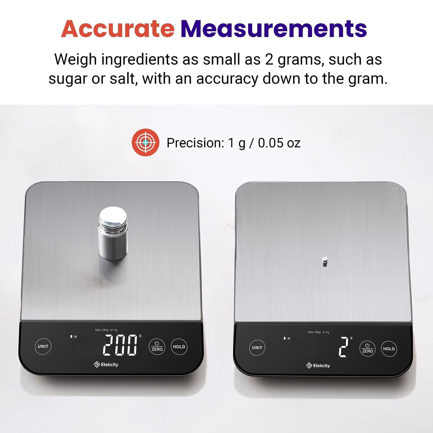 Etekcity Food Kitchen Scale 22lb, Digital Weight Grams and Oz for Weight Loss, Baking and Cooking, 0.05oz/1g Precise Graduation,5 Weight Units, IPX6 Waterproof, USB Rechargeable,304 Stainless Steel