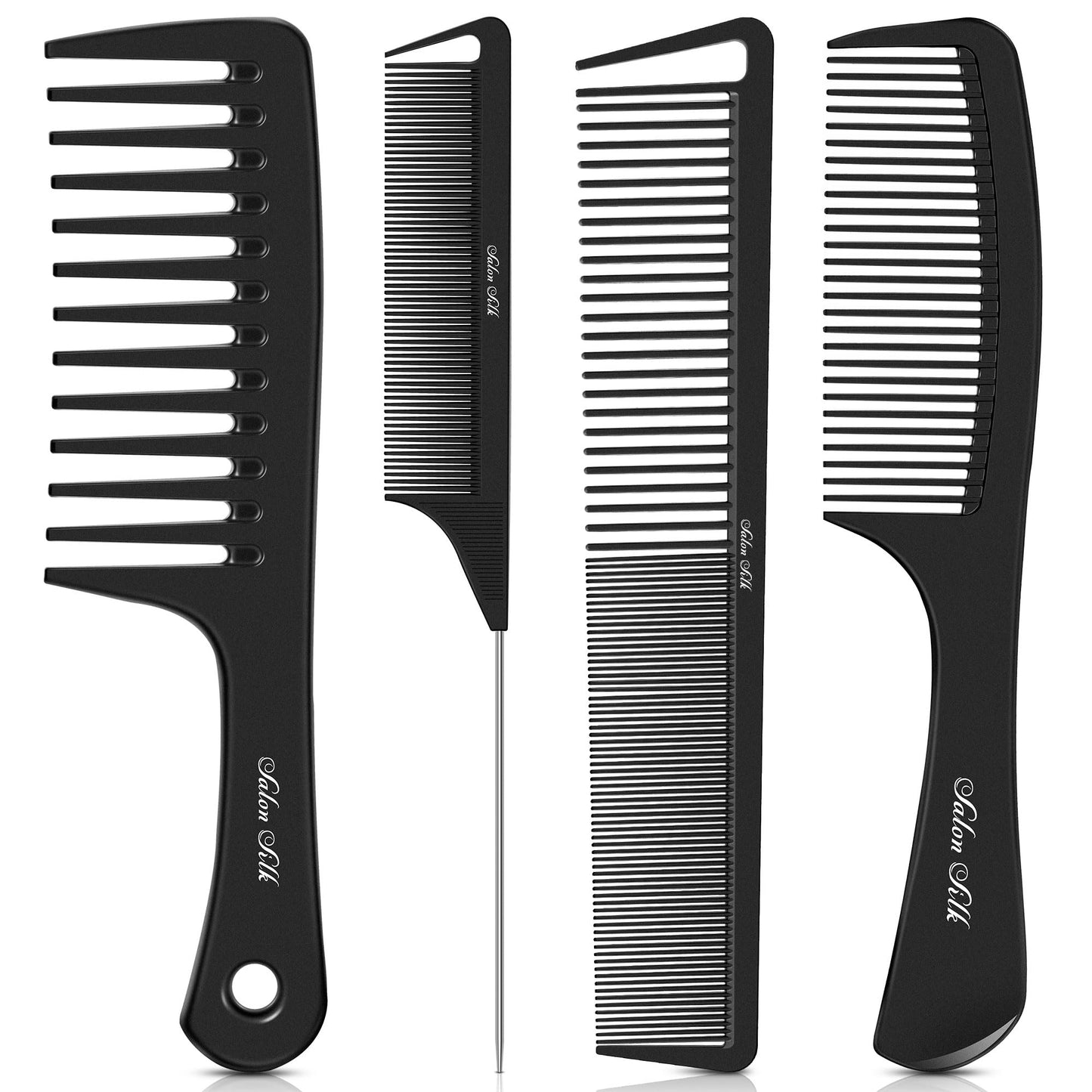 SALONSILK 4PCS Professional Comb Set, Wide Tooth Combs Rat Tail Fine Tooth Hair Comb, Barber Styling Curly Parting Combs Set for Men and Women, Braiding Cutting Combs