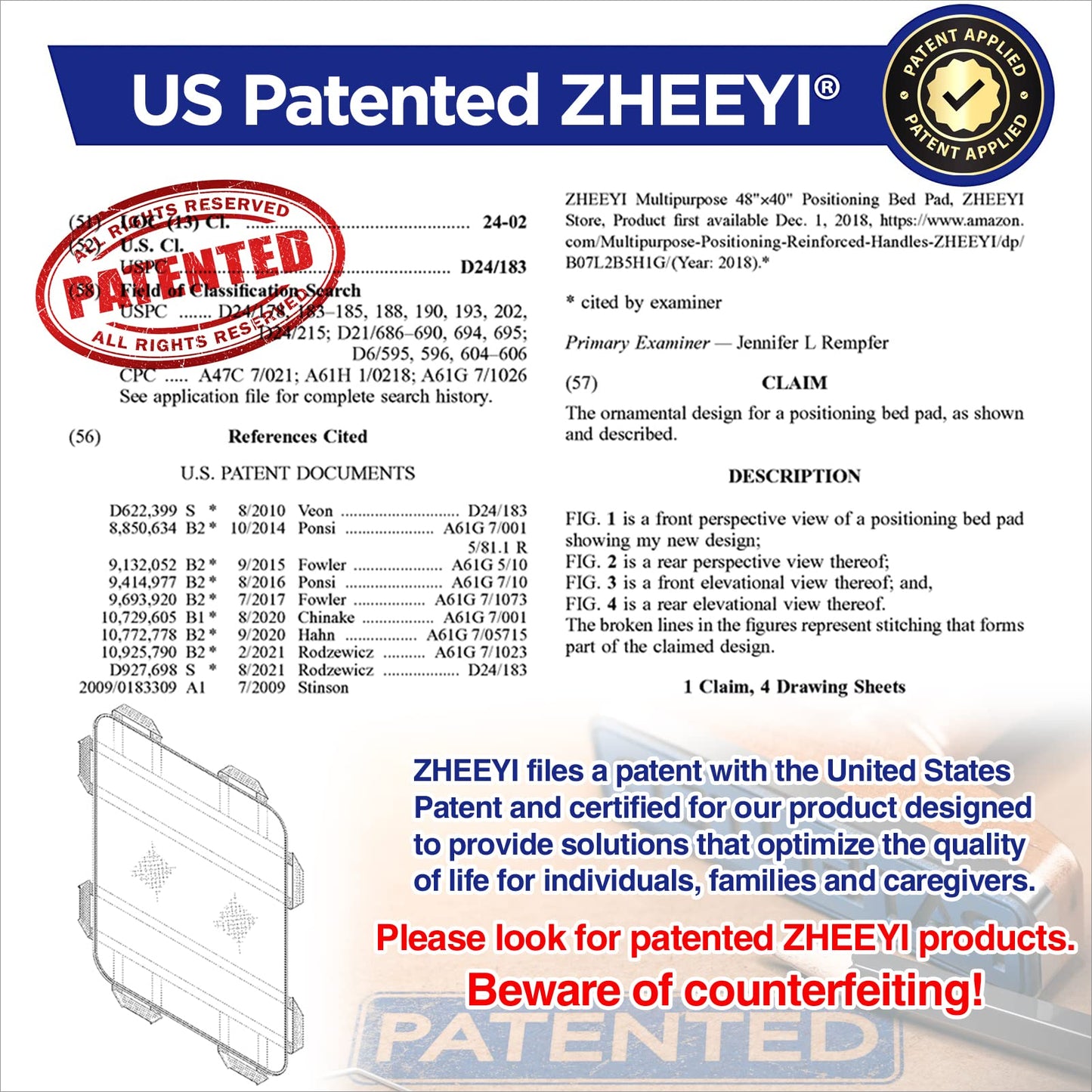 ZHEEYI Positioning Bed Pad with Reinforced Handles 43" x 36" Patient Transfer Sheet Aid Assistant for Body Lifting, Turning, Repositioning, for Elderly, Incontinence, Caregiver, Purple