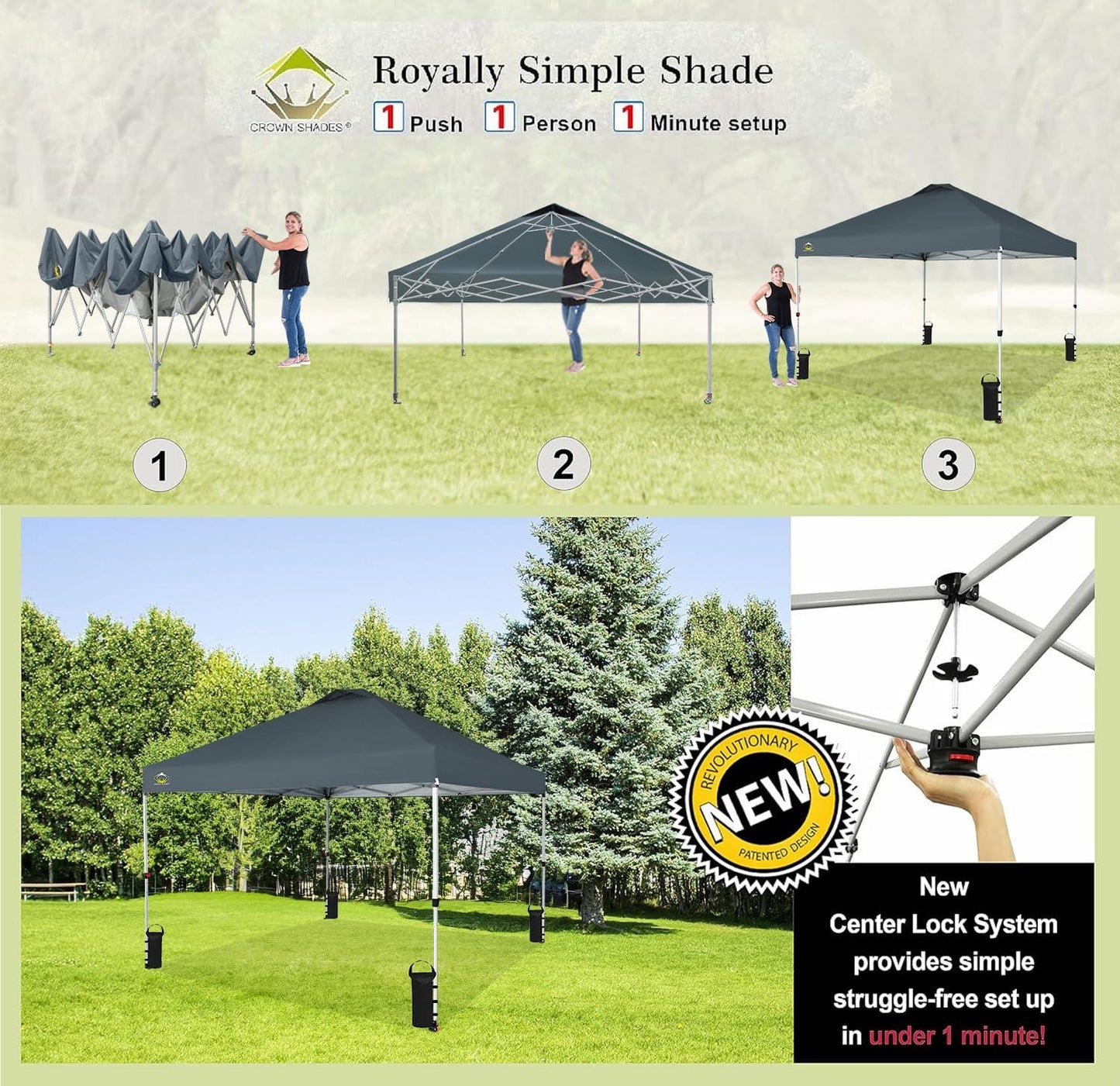 CROWN SHADES 10x10 Pop Up Canopy - Beach Tent with One Push Setup - Easy Outdoor Sun Shade for Events, Parties, Camping - Gazebo with STO-N-Go Cover Bag, Silver Coated Top, Grid Grey