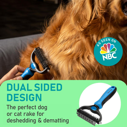 Maxpower Planet Pet Grooming Rake - Double-Sided Dematting Undercoat Brush for Dogs and Cats, Extra Wide, Reduces Shedding by 95%, Blue