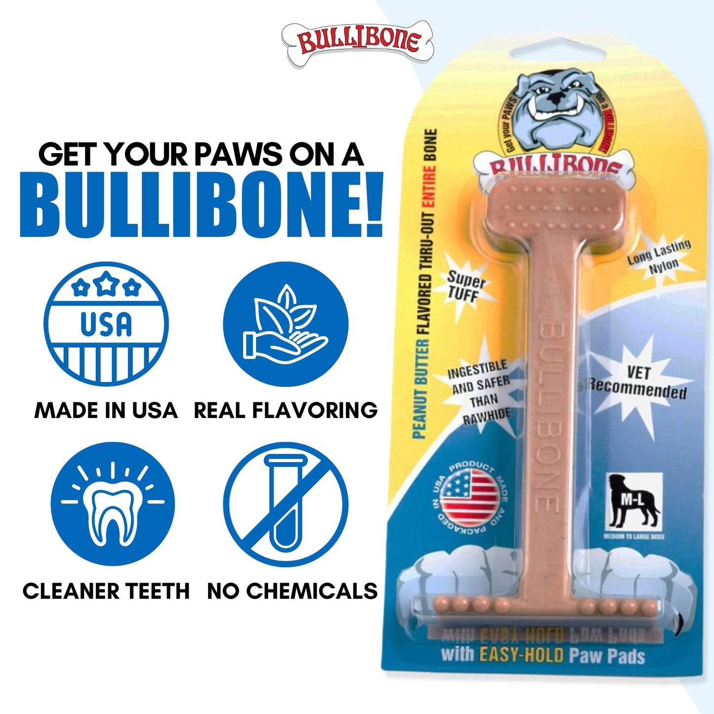 Bullibone Nylon Dog Chew Toy Nylon Bone - Improves Dental Hygiene, Easy to Grip Bottom, and Permeated with Flavor (Peanut Butter, Large - 2 Pack)