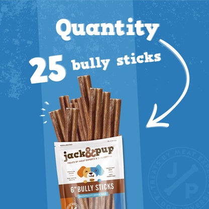 Jack&Pup 6-inch Odor Free Bully Sticks Dog Treats | Single Ingredient All Natural Dog Treat Chews | Long Lasting Bully Sticks for Medium Dogs (25 Pack)