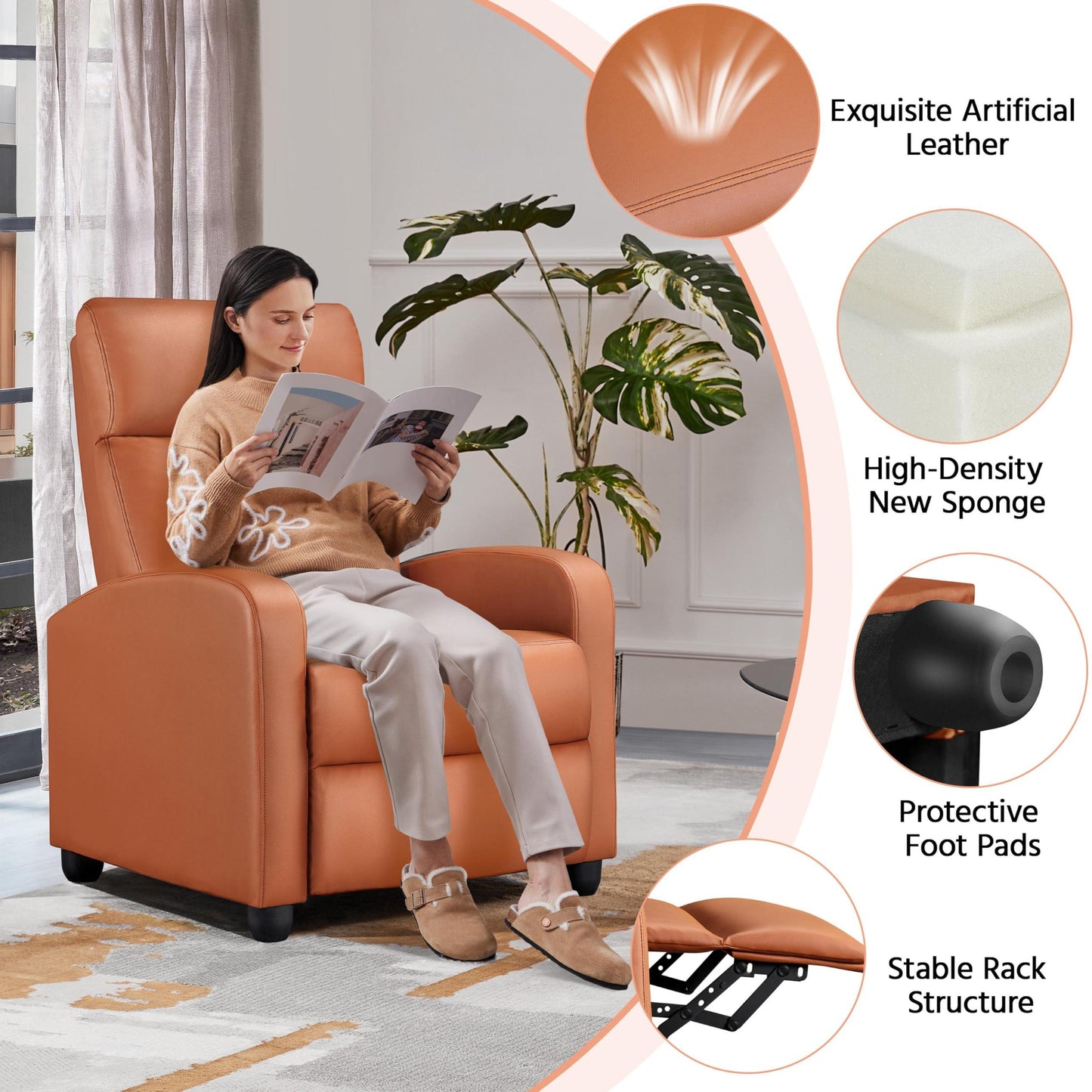 Yaheetech Recliner Chair PU Leather Recliner Sofa Home Theater Seating with Lumbar Support Overstuffed High-Density Sponge Push Tan Recliners