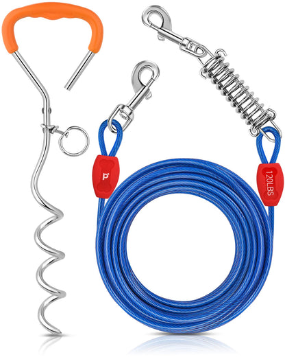 Petbobi Dog Tie-Out Cable and Stake - 30FT Heavy Duty Cable with Spring - No Tangle, 16-inch Ground Stake - Ideal for Yard, Camping, and Beach - Suitable for Medium to Large Dogs Up to 120 lbs, Blue