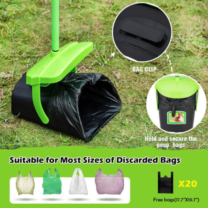 MXF Pooper Scooper Swivel Bin & Rake Kit with 20 Waste Bags, 36.6" Long Handle Adjustable Portable Non-Breakable Dog Pooper Scooper for Large Medium Small Dogs, Poop Scooper for Lawn Yard Dog Kennel