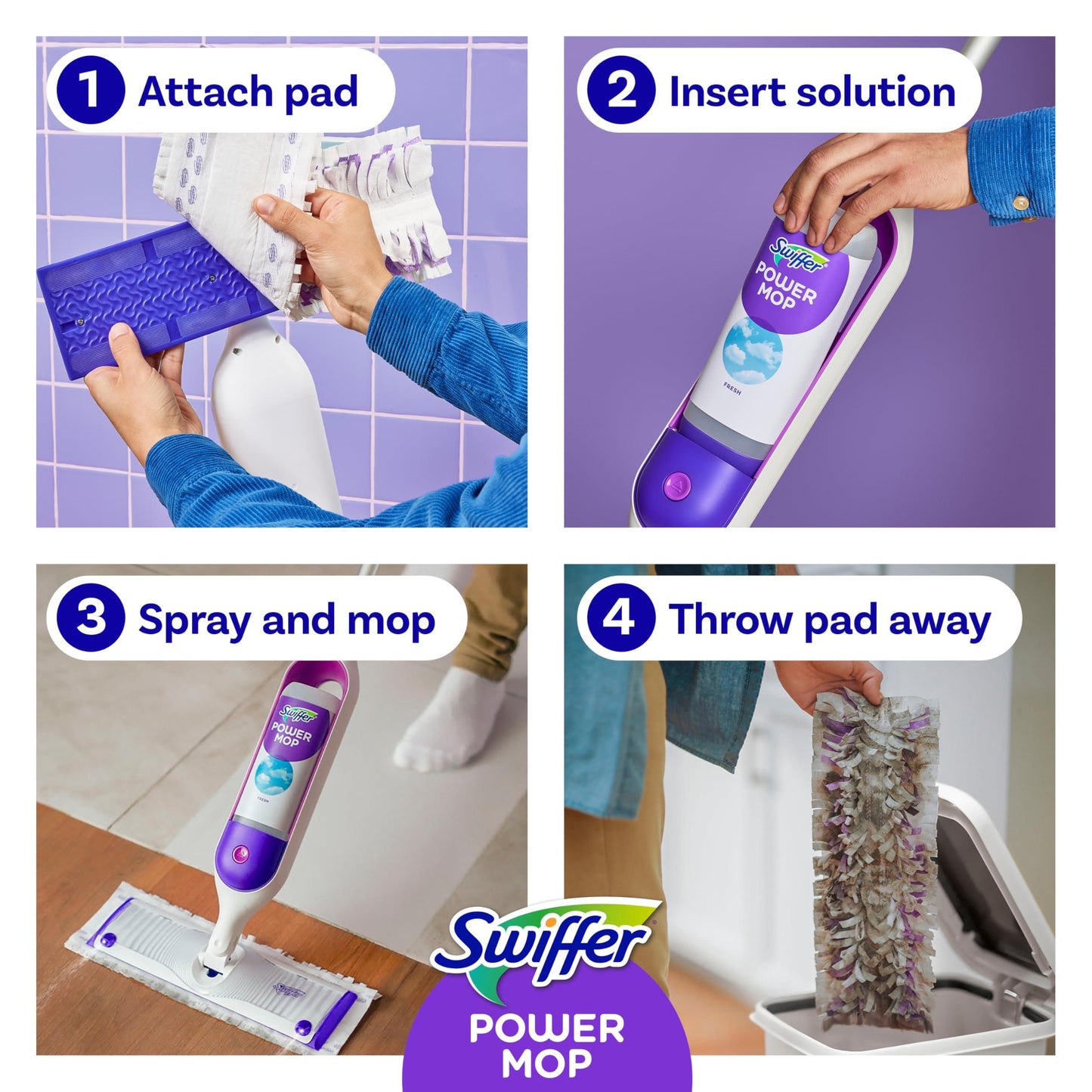 Swiffer PowerMop Multi-Surface Mop Kit for Floor Cleaning, Includes PowerMop, 2 Mopping Pad Refills, 1 Cleaning Solution with Fresh Scent and 2 Batteries