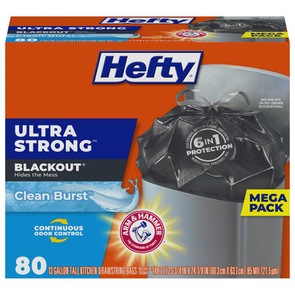 Hefty Ultra Strong 13 Gallon Trash Bags, Black Tall Kitchen Trash Bags 13 Gallon Size, Break Resistant Drawstring Enclosure, Continuous Odor Control, Blackout, Clean Burst Scent, 80 Bags