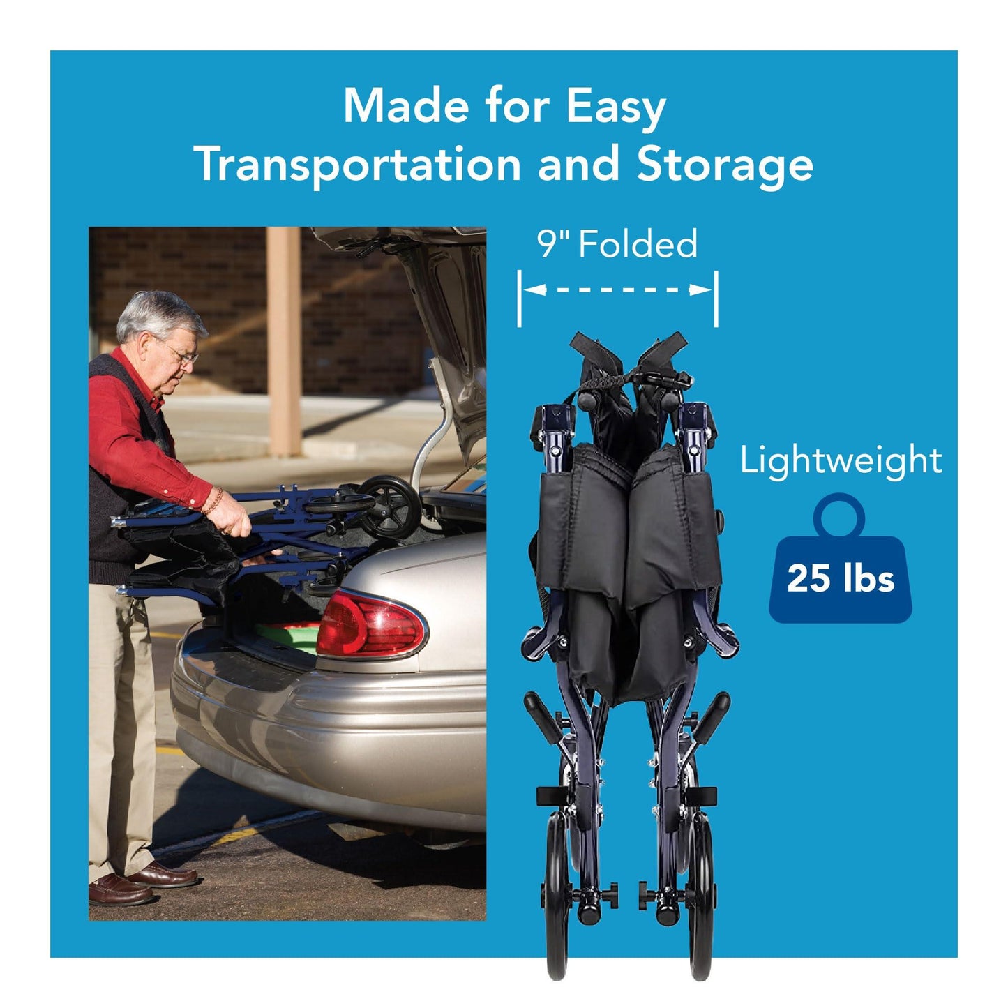 Carex Transport Wheelchair With 19 inch Seat - Folding Transport Chair with Foot Rests - Foldable Wheel Chair and Lightweight Folding Wheelchair for Storage and Travel