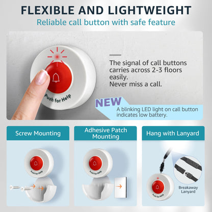 SYNLETT Caregiver Pager Wireless Nurse Call Buttons for Elderly Monitoring SOS Alert System Portable Alarm Call Bell for Nursing Home Care Seniors Patients Emergency