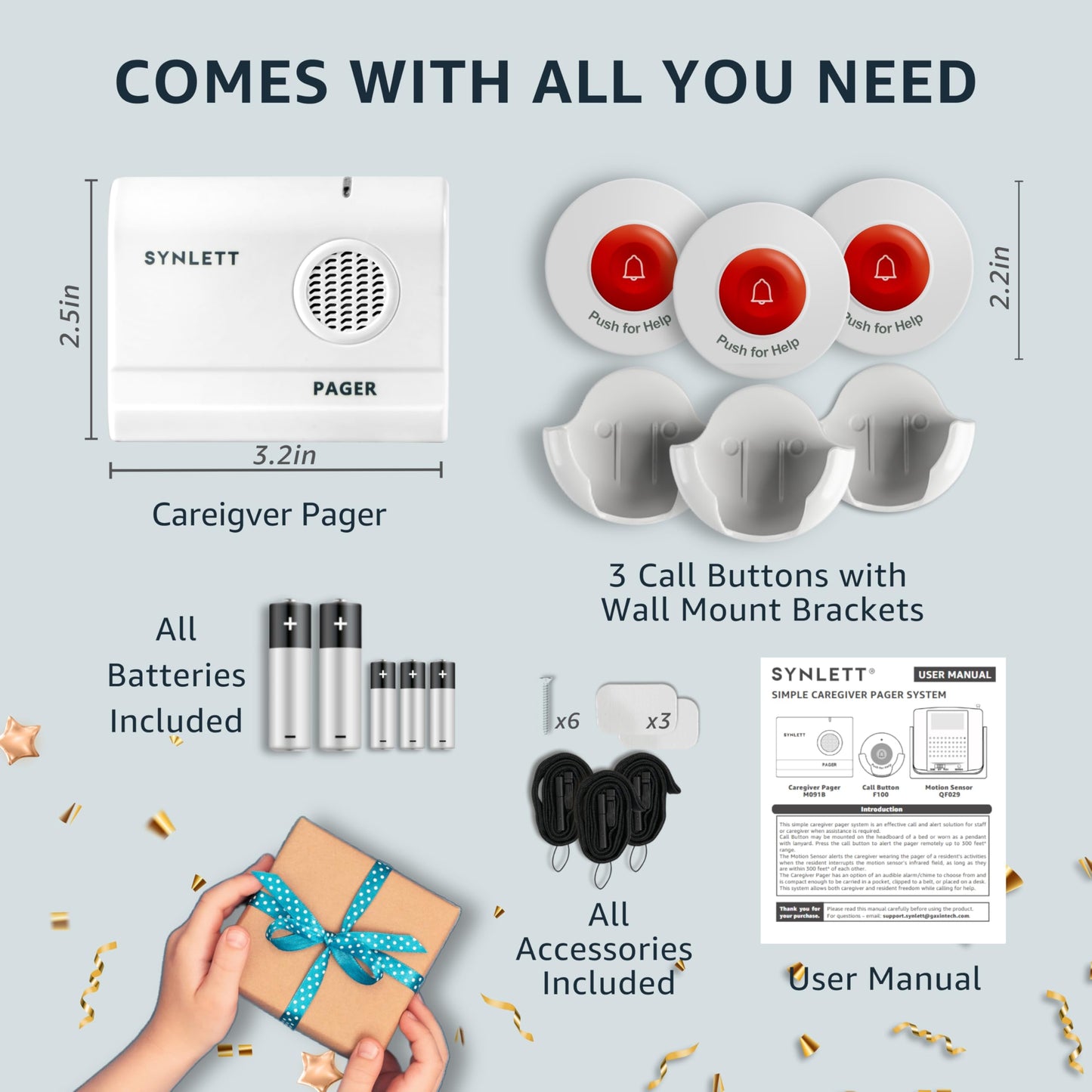 SYNLETT Caregiver Pager Wireless Nurse Call Buttons for Elderly Monitoring SOS Alert System Portable Alarm Call Bell for Nursing Home Care Seniors Patients Emergency