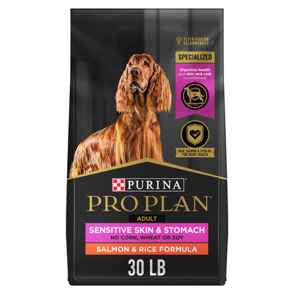 Purina Pro Plan Sensitive Skin and Stomach Dog Food Dry, Adult Salmon & Rice Formula, Digestive Health - 30 lb. Bag