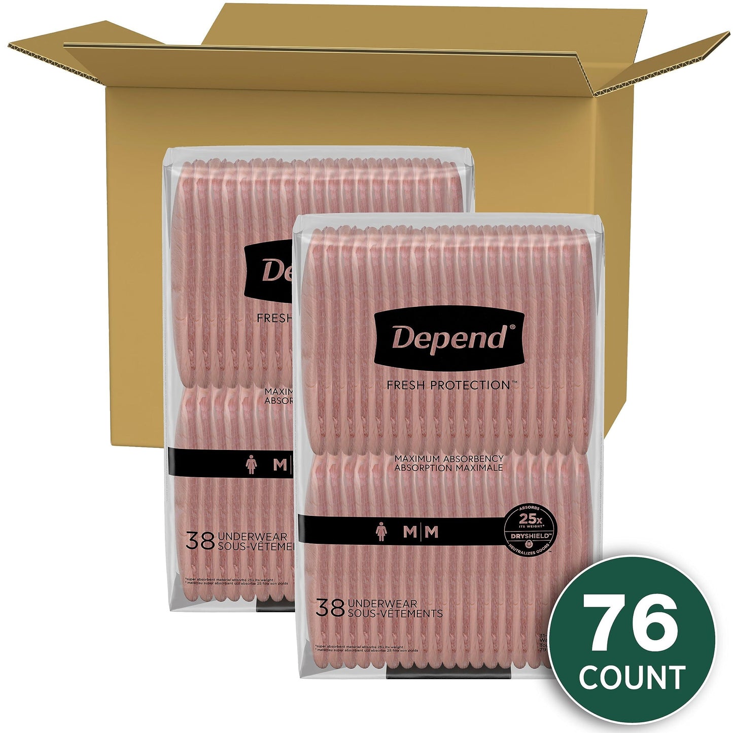 Depend Fresh Protection Adult Incontinence & Postpartum Bladder Leak Underwear for Women, Disposable, Maximum, Medium, Blush, 76 Count (2 Packs of 38), Packaging May Vary