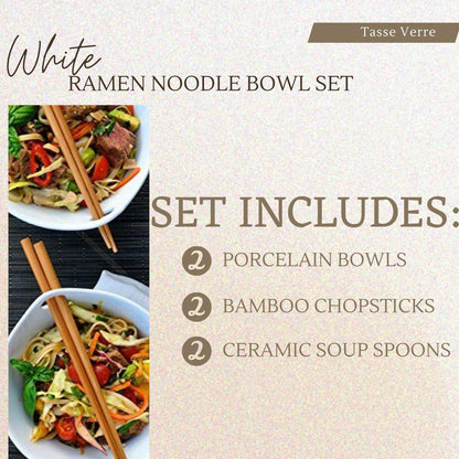 Tasse Verre Porcelain Noodle Soup Bowl w/Bamboo Chopsticks and Ceramic Spoon 20 oz, 2-Pack