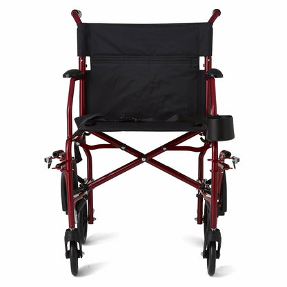 Medline Ultra Lightweight Transport Wheelchair for Adults, Foldable, 19-Inch Seat Width, Red Frame, Black Upholstery