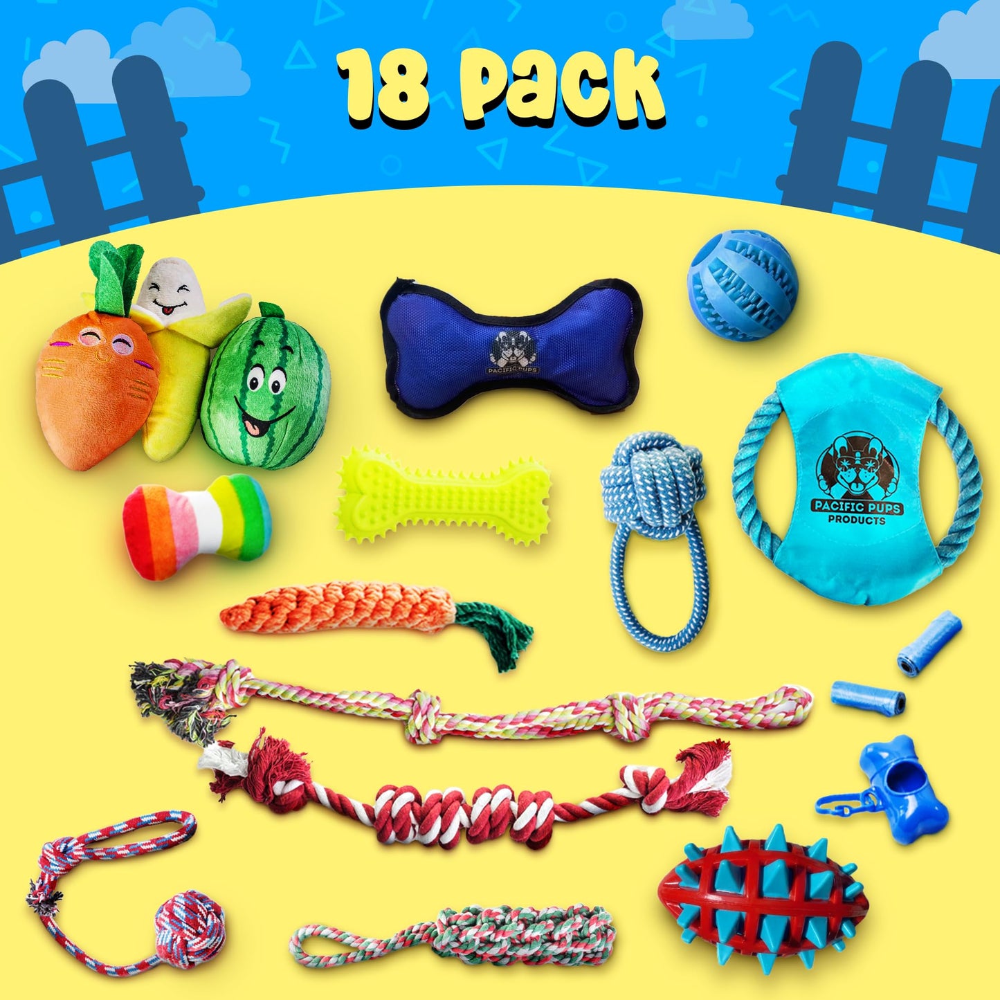 Pacific Pups Products 18 Piece Dog Toy Pack - Dog Chew Toys, Puppy Toys & Outdoor Dog Toys - Dog Toys to Keep Them Busy - Supports Non-Profit Dog Rescue - 18 Toys for Dogs