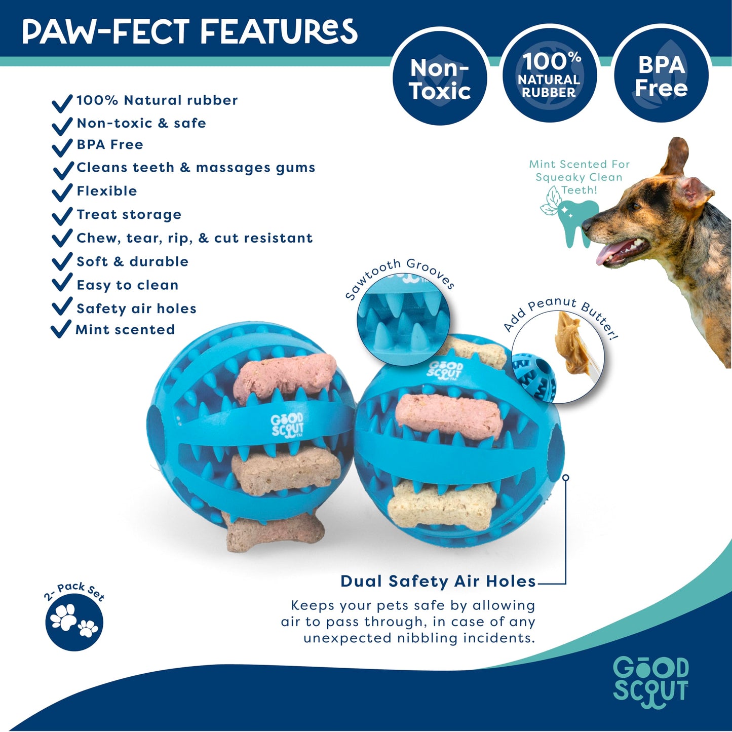 Good Scout Small Rubber Dental Ball Dog Toy for Chewing, Best Dog Toy for Fetch, Chew Toy for Puppies & Adult Dogs, Dog Toy for Medium & Large Dogs with Rubber Teeth & Treat Storage, 1.95-Inch(2-Pack)