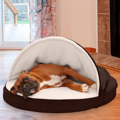 Furhaven 35" Round Memory Foam Dog Bed for Large/Medium Dogs w/ Removable Washable Cover, For Dogs Up to 50 lbs - Sherpa & Suede Snuggery - Espresso, 35-inch